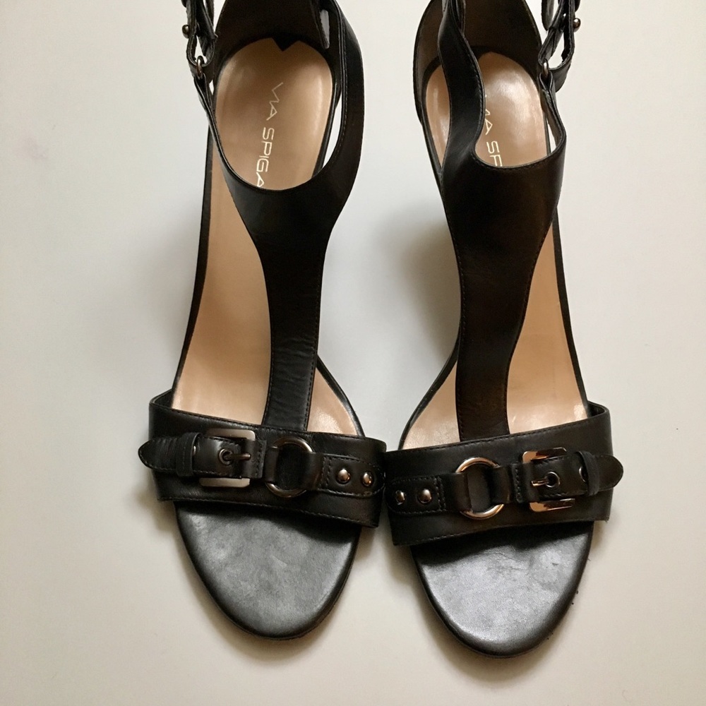 Via Spiga Black Leather 3.5” Heeled Sandals Sz 11M